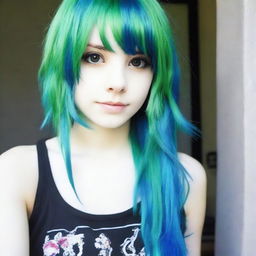 Hermosa niña emo real de cabello verde con azul