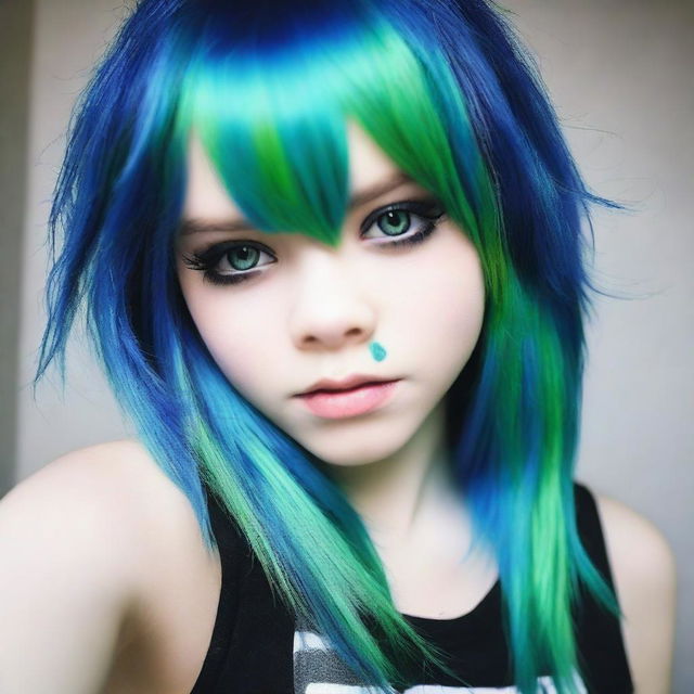 Hermosa niña emo real de cabello verde con azul