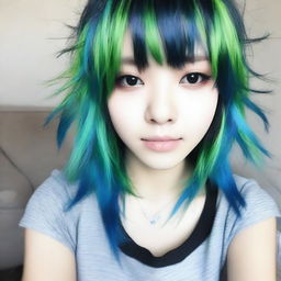 Hermosa asiática emo real de cabello verde con azul