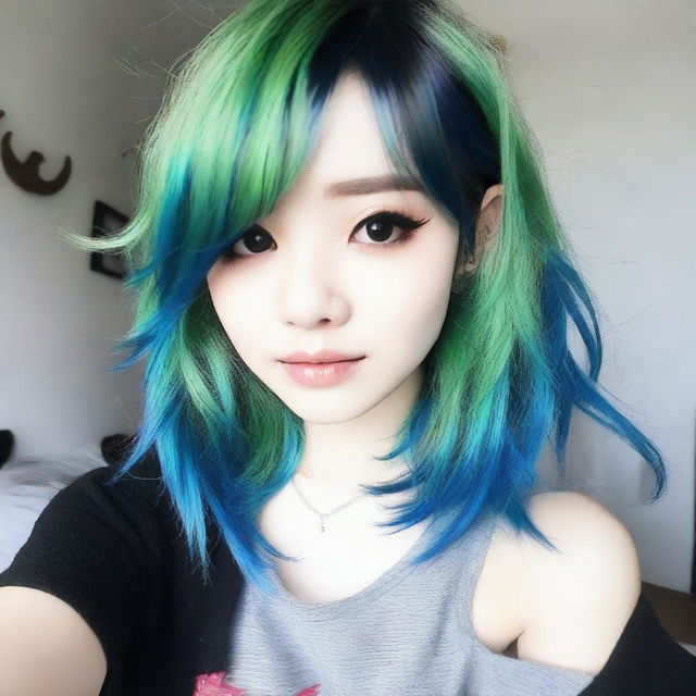 Hermosa asiática emo real de cabello verde con azul