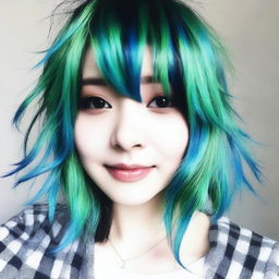 Hermosa asiática emo real de cabello verde con azul