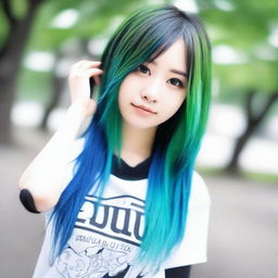 Hermosa asiática emo real de cabello verde con azul