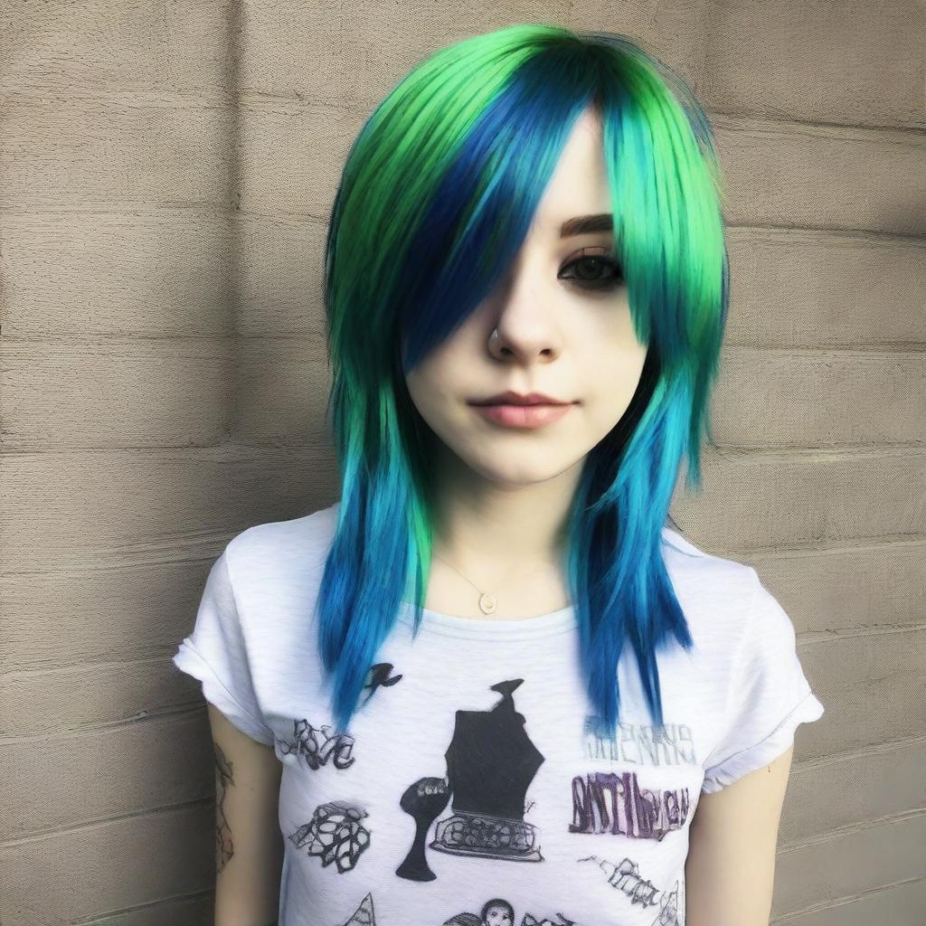 Hermosa emo real de cabello verde con azul