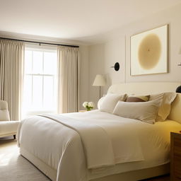 A serene bedroom with soft lighting, a hypoallergenic comforter on a king-sized bed, elegant wall decorations, and a plump, cozy chair by the window