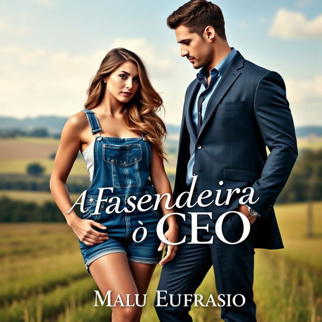 A captivating romance novel cover titled 'A Fazendeira e o CEO', featuring a stunning 18-year-old young woman with a beautiful face, wearing a short denim overalls that accentuates her curves