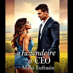 A captivating romance novel cover titled 'A Fazendeira e o CEO', featuring a stunning 18-year-old young woman with a beautiful face, wearing a short denim overalls that accentuates her curves