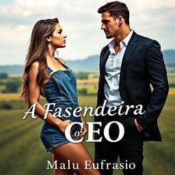 A captivating romance novel cover titled 'A Fazendeira e o CEO', featuring a stunning 18-year-old young woman with a beautiful face, wearing a short denim overalls that accentuates her curves