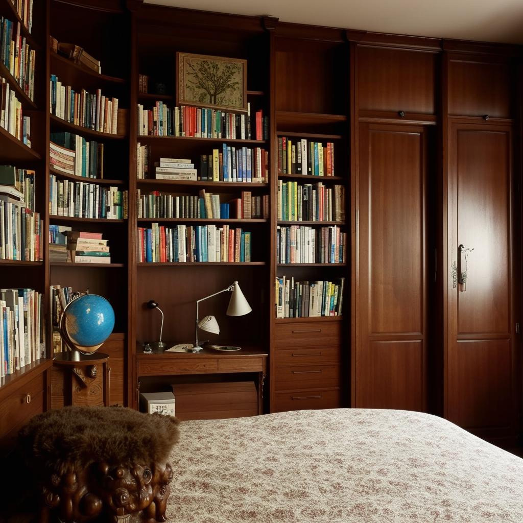 A cozy, studious bedroom, filled with bookshelves overflowing with books, a large wooden desk with study lamps, a comfy bed and an antique, spacious wardrobe