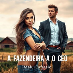 A book cover design for a romance novel titled 'A FAZENDEIRA E O CEO'