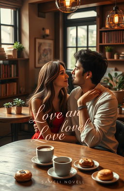 A cozy and intimate café scene set in a quaint, rustic café with warm lighting