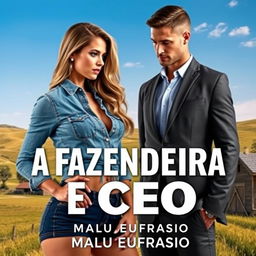A romance novel cover titled 'A FAZENDEIRA E O CEO' featuring a stunning 18-year-old farm girl with beautiful features, wearing a short denim shirt that accentuates her curvy figure
