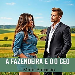 A romance novel cover titled 'A FAZENDEIRA E O CEO' featuring a stunning 18-year-old farm girl with beautiful features, wearing a short denim shirt that accentuates her curvy figure