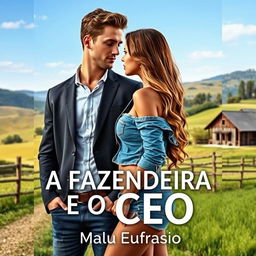 A romance novel cover titled 'A FAZENDEIRA E O CEO' featuring a stunning 18-year-old farm girl with beautiful features, wearing a short denim shirt that accentuates her curvy figure