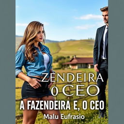 A romance novel cover titled 'A FAZENDEIRA E O CEO' featuring a stunning 18-year-old farm girl with beautiful features, wearing a short denim shirt that accentuates her curvy figure