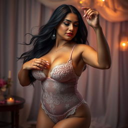 A curvy Latina woman dancing gracefully in elegant lingerie