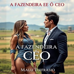 A romance book cover titled 'A FAZENDEIRA E O CEO', featuring a beautiful 18-year-old woman with a stunning face, wearing a short denim shirt and showcasing her curvy figure