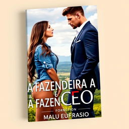 A romance book cover titled 'A FAZENDEIRA E O CEO', featuring a beautiful 18-year-old woman with a stunning face, wearing a short denim shirt and showcasing her curvy figure