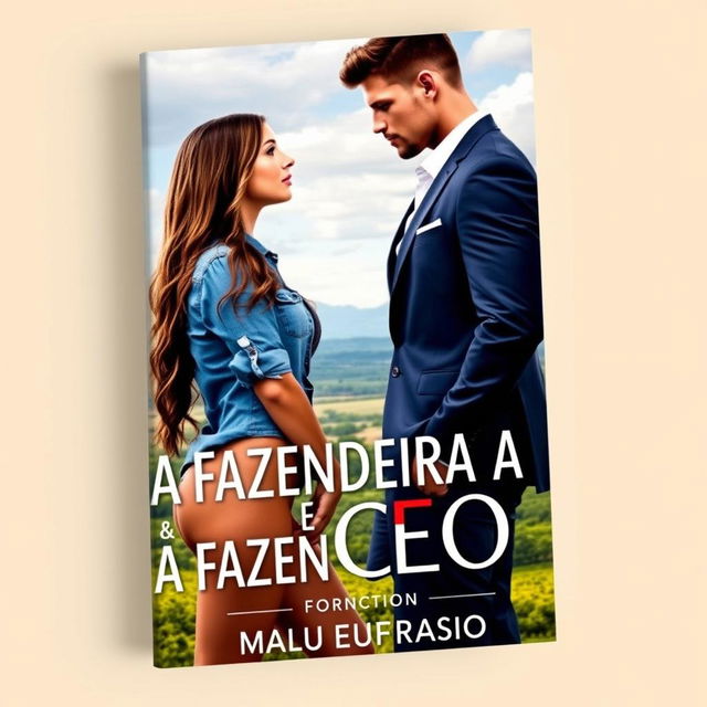 A romance book cover titled 'A FAZENDEIRA E O CEO', featuring a beautiful 18-year-old woman with a stunning face, wearing a short denim shirt and showcasing her curvy figure