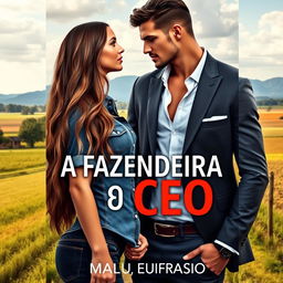 A romance book cover titled 'A FAZENDEIRA E O CEO', featuring a beautiful 18-year-old woman with a stunning face, wearing a short denim shirt and showcasing her curvy figure