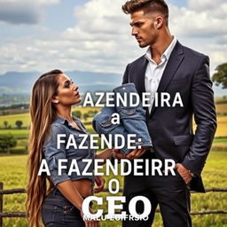 A romance book cover titled 'A FAZENDEIRA E O CEO', featuring a beautiful 18-year-old woman with a stunning face, wearing a short denim shirt and showcasing her curvy figure