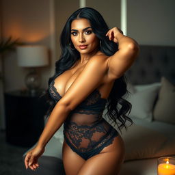 A curvy Latina woman wearing sexy micro lingerie, striking an alluring pose in a sophisticated, stylish bedroom setting