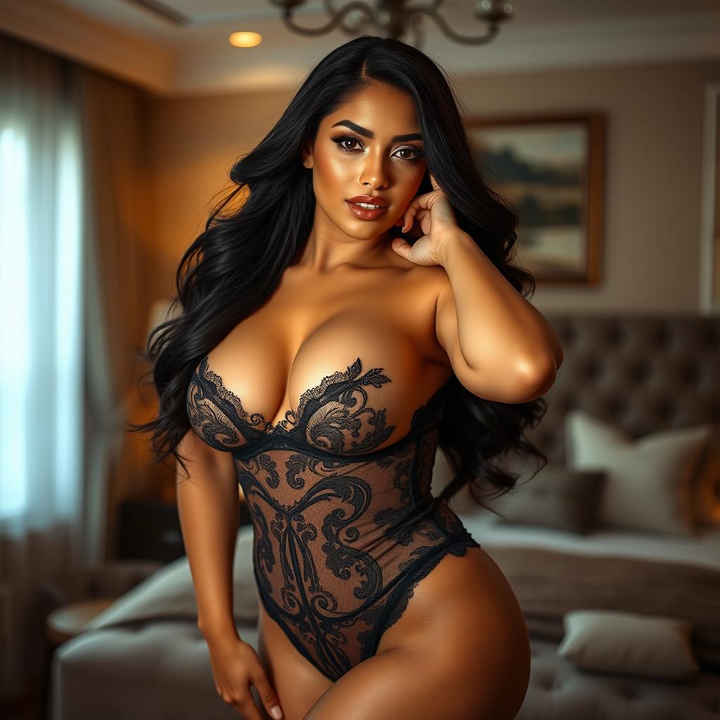 A curvy Latina woman wearing sexy micro lingerie, striking an alluring pose in a sophisticated, stylish bedroom setting