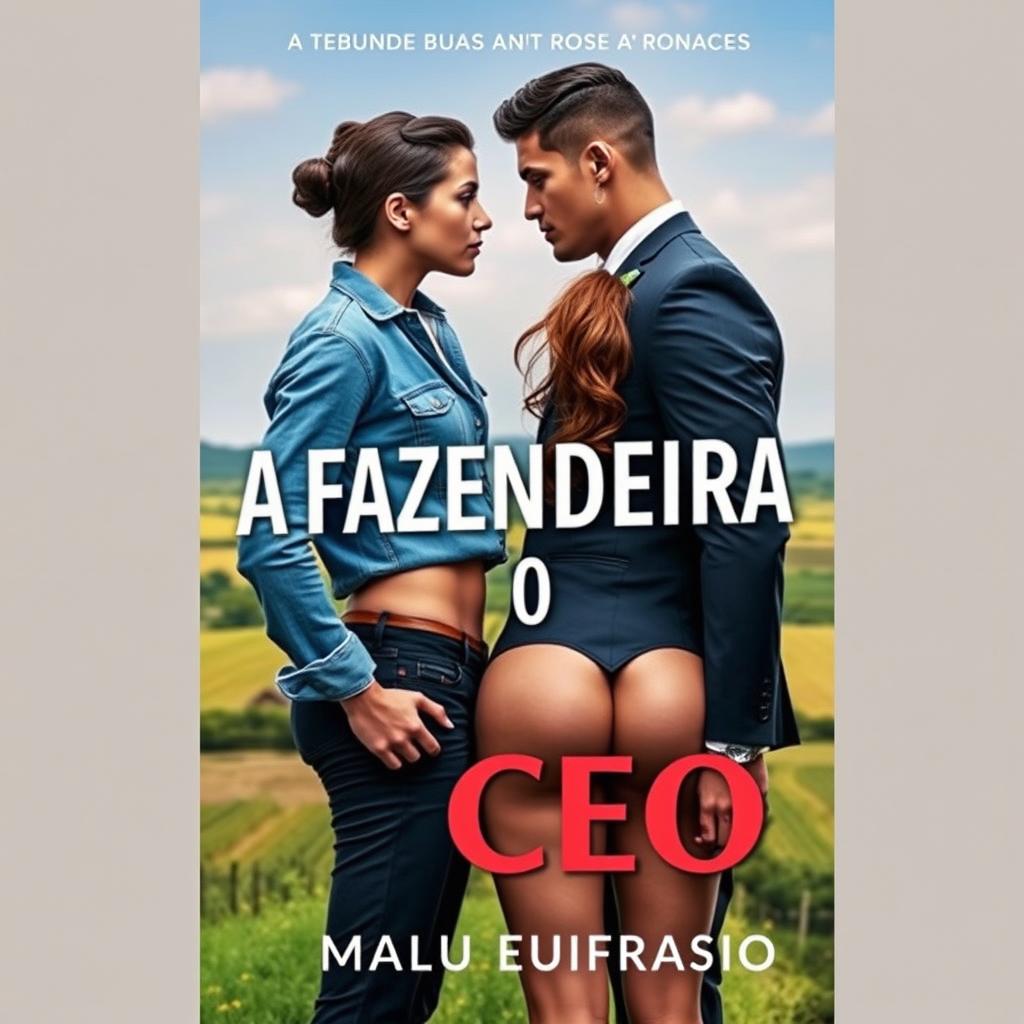 A romance book cover titled 'A FAZENDEIRA E O CEO' featuring a stunning 18-year-old woman with a beautiful face, wearing a short denim shirt that accentuates her voluptuous backside, and long hair cascading down to her waist