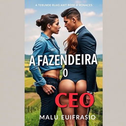 A romance book cover titled 'A FAZENDEIRA E O CEO' featuring a stunning 18-year-old woman with a beautiful face, wearing a short denim shirt that accentuates her voluptuous backside, and long hair cascading down to her waist