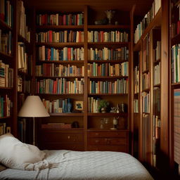 A cozy, studious bedroom, filled with bookshelves overflowing with books, a large wooden desk with study lamps, a comfy bed and an antique, spacious wardrobe