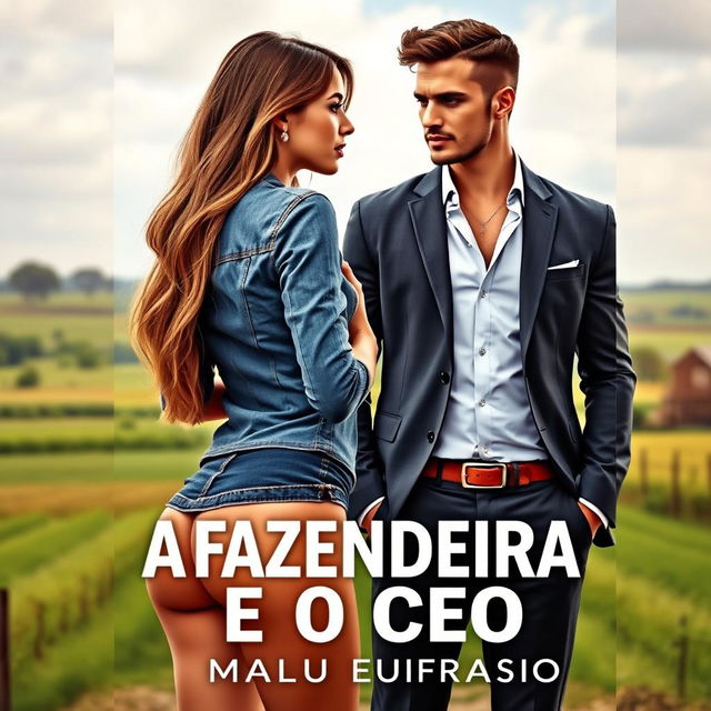 A romance book cover titled 'A FAZENDEIRA E O CEO' featuring a stunning 18-year-old woman with a beautiful face, wearing a short denim shirt that accentuates her voluptuous backside, and long hair cascading down to her waist