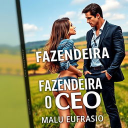 A romance book cover titled 'A FAZENDEIRA E O CEO' featuring a stunning 18-year-old woman with a beautiful face, wearing a short denim shirt that accentuates her voluptuous backside, and long hair cascading down to her waist