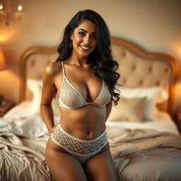 A stunning curvy Latina woman wearing delicate micro sexy string lingerie, showcasing her beautiful curves