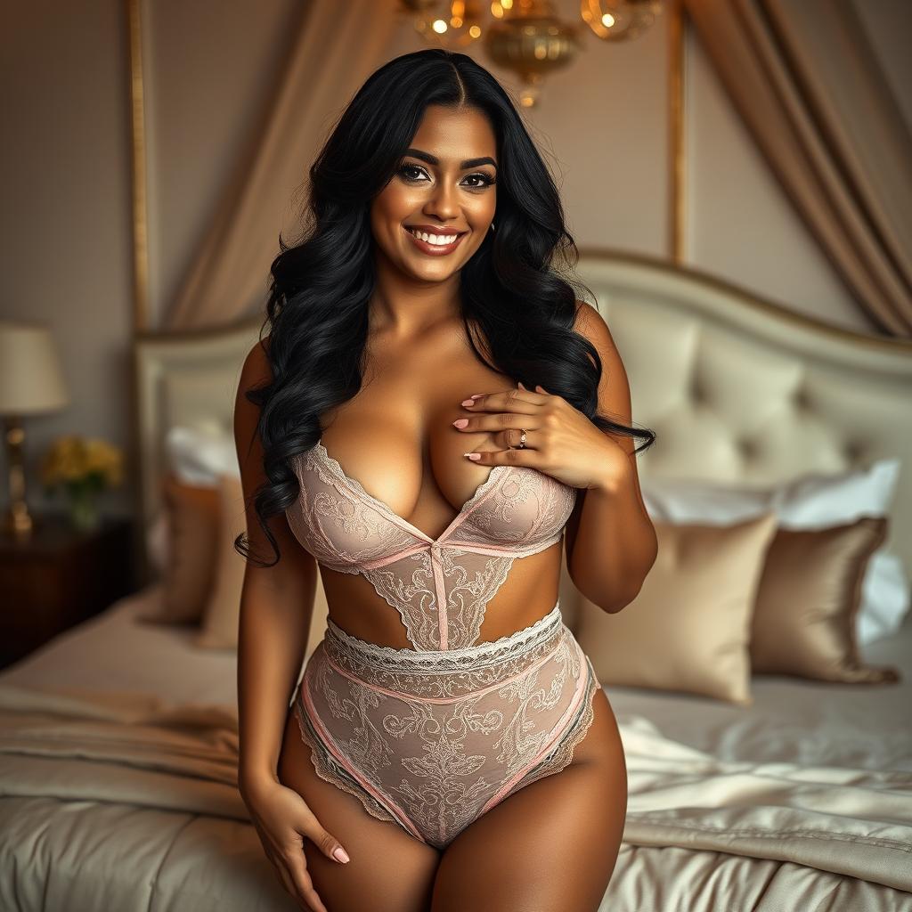 A stunning curvy Latina woman wearing delicate micro sexy string lingerie, showcasing her beautiful curves