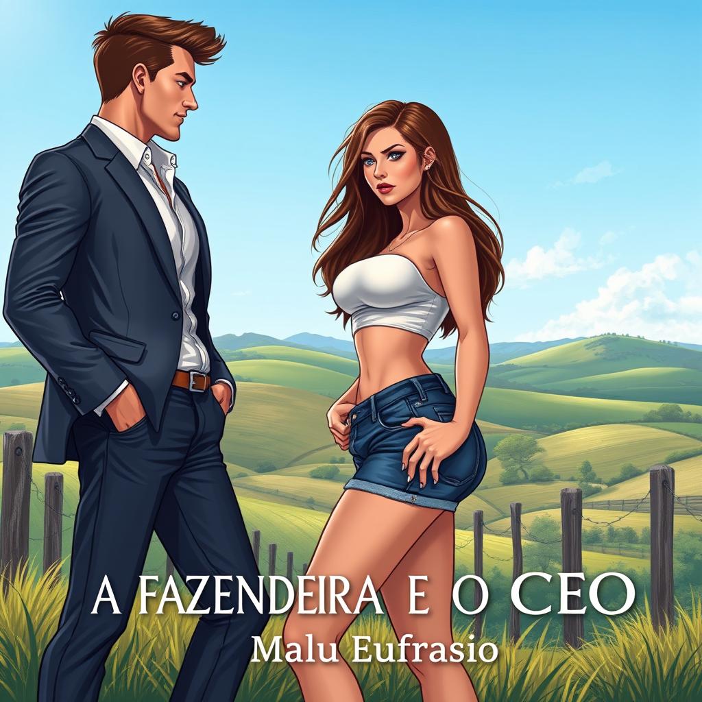 A romantic cover illustration for a novel titled 'A FAZENDEIRA E O CEO'