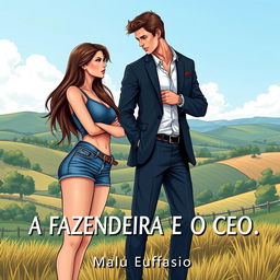 A romantic cover illustration for a novel titled 'A FAZENDEIRA E O CEO'
