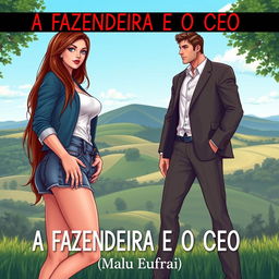 A romantic cover illustration for a novel titled 'A FAZENDEIRA E O CEO'