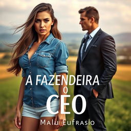 A romantic book cover for the title 'A FAZENDEIRA E O CEO', featuring an 18-year-old beautiful young woman with an exquisite face, wearing a short, tight-fitting denim shirt that accentuates her curvy figure