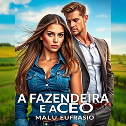 A romantic book cover for the title 'A FAZENDEIRA E O CEO', featuring an 18-year-old beautiful young woman with an exquisite face, wearing a short, tight-fitting denim shirt that accentuates her curvy figure