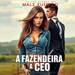 A romantic book cover for the title 'A FAZENDEIRA E O CEO', featuring an 18-year-old beautiful young woman with an exquisite face, wearing a short, tight-fitting denim shirt that accentuates her curvy figure