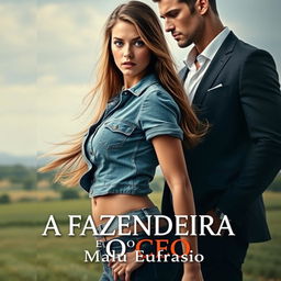 A romantic book cover for the title 'A FAZENDEIRA E O CEO', featuring an 18-year-old beautiful young woman with an exquisite face, wearing a short, tight-fitting denim shirt that accentuates her curvy figure
