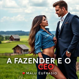 A captivating romance novel cover titled 'A FAZENDEIRA E O CEO', featuring a stunningly beautiful 18-year-old woman with a lovely face, wearing a short denim shirt that accentuates her curvy figure