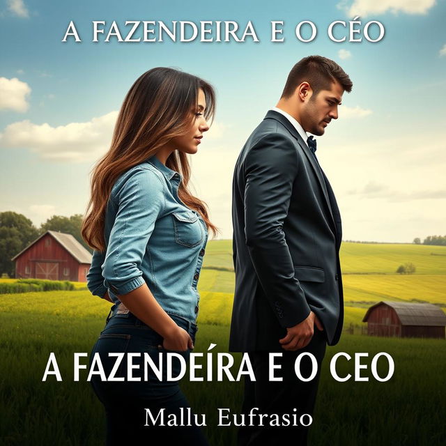 A captivating romance novel cover titled 'A FAZENDEIRA E O CEO', featuring a stunningly beautiful 18-year-old woman with a lovely face, wearing a short denim shirt that accentuates her curvy figure