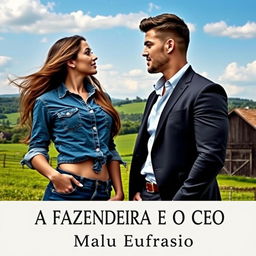 A captivating romance novel cover titled 'A FAZENDEIRA E O CEO', featuring a stunningly beautiful 18-year-old woman with a lovely face, wearing a short denim shirt that accentuates her curvy figure