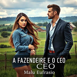 A captivating romance novel cover titled 'A FAZENDEIRA E O CEO', featuring a stunningly beautiful 18-year-old woman with a lovely face, wearing a short denim shirt that accentuates her curvy figure