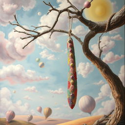 A surrealistic representation of a long hanging object in an abstract environment, capturing a playful yet artistic essence