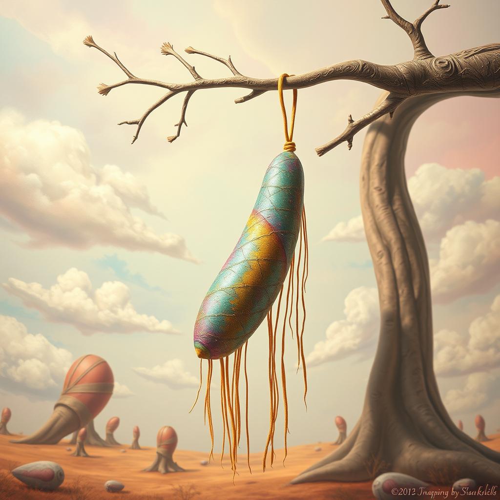A surrealistic representation of a long hanging object in an abstract environment, capturing a playful yet artistic essence