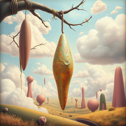 A surrealistic representation of a long hanging object in an abstract environment, capturing a playful yet artistic essence