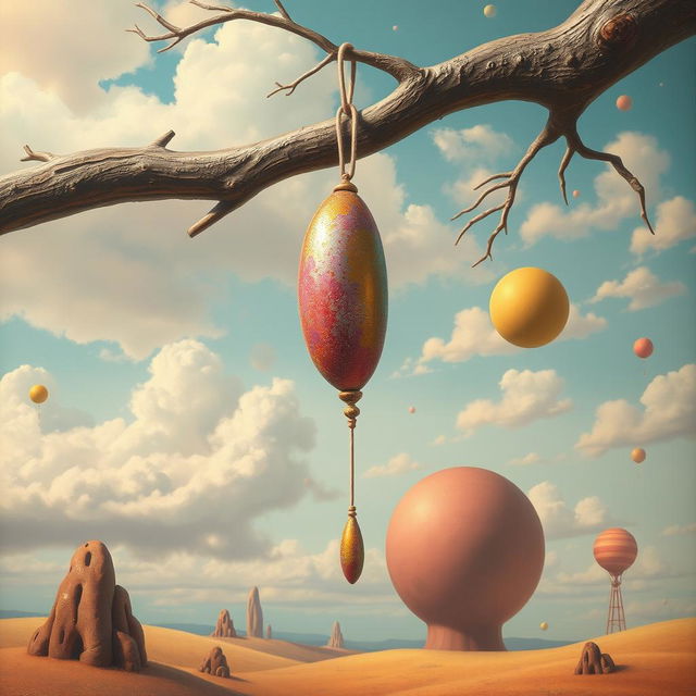 A surrealistic representation of a long hanging object in an abstract environment, capturing a playful yet artistic essence