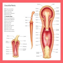An anatomical illustration of a human penis with detailed labeling of all components including the shaft, glans, and erectile tissue