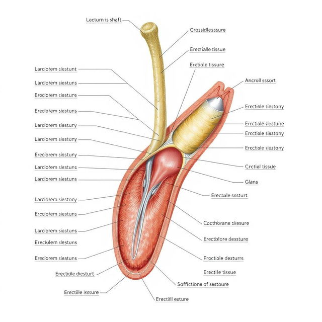 An anatomical illustration of a human penis with detailed labeling of all components including the shaft, glans, and erectile tissue